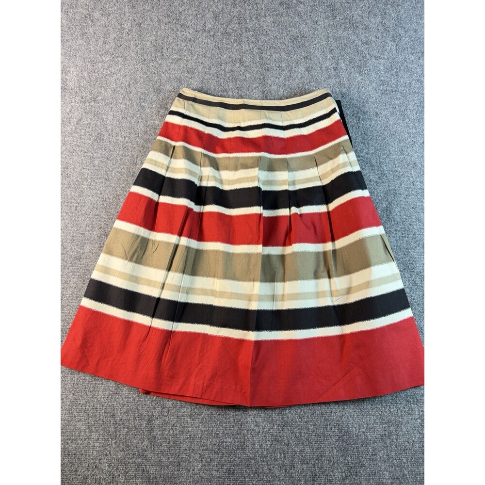 Talbots Womens Size 6 Striped Pleated Midi Skirt Red Black Tan Cotton Preppy